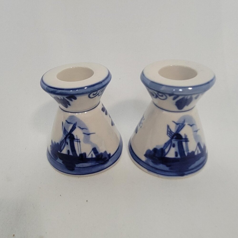 Vintage Delft Blue Windmill Hand Painted Ceramic Taper Candlestick Holders 2.5"